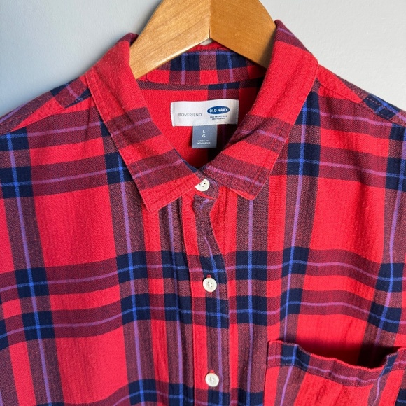 Old Navy Women's Large Red Plaid BOYFRIEND Button Up Flannel Shirt Casual Relax - Picture 5 of 16